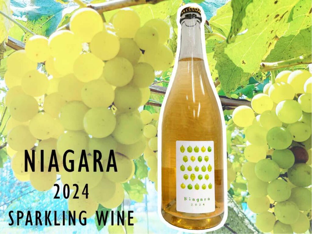 白ぶどうとWINERY JUNの白ワインボトル