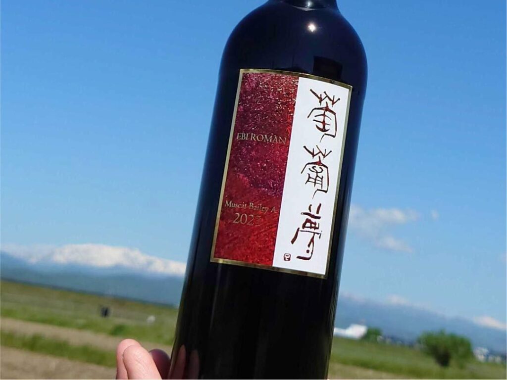 青空を背景にした赤ワインボトル
