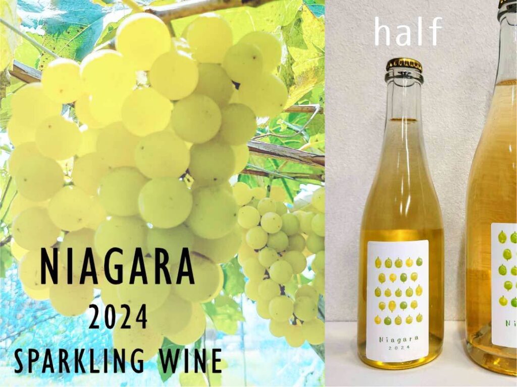 白ぶどうとWINERY JUNの白ワインボトル